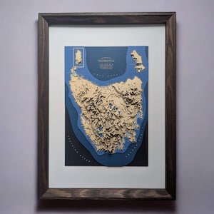 Cadeau artistique de carte topographique 3D en bois avec contours en bois de Tasmanie, Australie