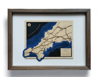 Cornwall UK Map Art Travel Gift Wooden Framed Interior Decor