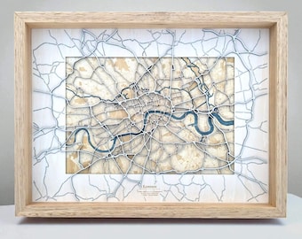 London Hölzerne Topographische Karte | Gerahmte 3D Kunst