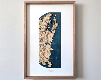 3D Brandungskarte aus Holz | Nördliche Strände Sydney Topographische Kunst | Von Mann zu Avalon