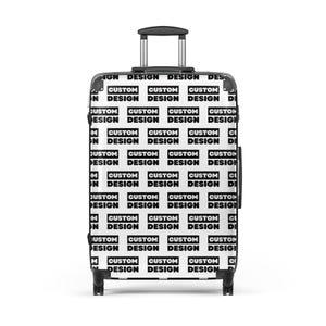 May include: A rolling suitcase with a black and white design. The design features the words "CUSTOM DESIGN" in a repeating pattern. The suitcase has a retractable handle and wheels for easy transport.