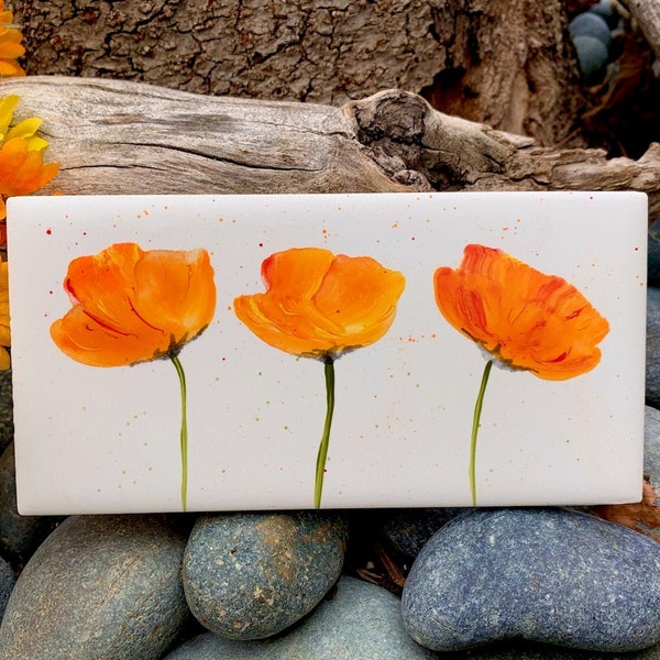 Orange Watercolor Poppies hand painted ceramic tile/ Wall Art/ Home Decor