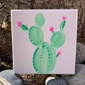 Cactus With Flowers hand painted ceramic tile/ Ornament/ Wall Art/ Home Decor