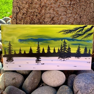 Aurora over Snow hand painted ceramic tile/ Wall Art/ Home Decor