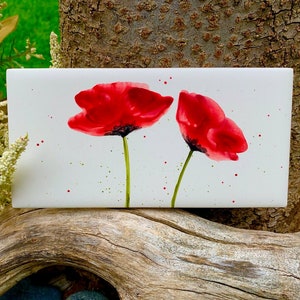 Red Watercolor Poppies hand painted ceramic tile/ Wall Art/ Home Decor