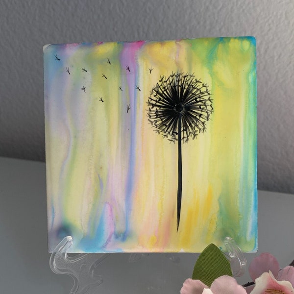 Tie Die Dandelion in the Breeze hand painted ceramic tile/ Ornament/ Wall Art/ Home Decor