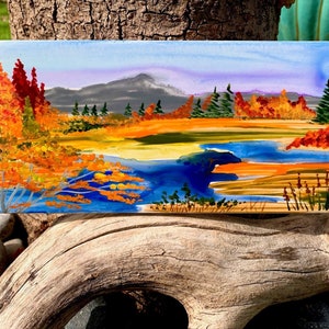 Fall Forest River hand painted ceramic tile/ Ornament/ Wall Art/ Home Decor