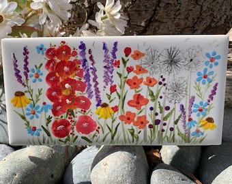 Wildflower Garden hand painted ceramic tile/ Wall Art/ Home Decor