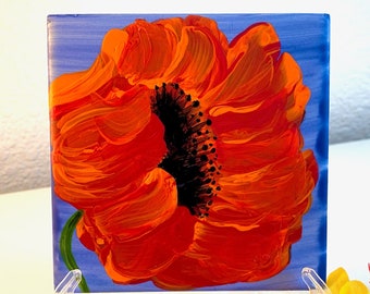 Red Poppy Blossom hand painted ceramic tile/ Ornament/ Wall Art/ Home Decor