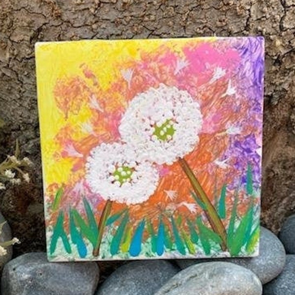 Dandelions in the Breeze hand painted ceramic tile/ Ornament/ Wall Art/ Home Decor