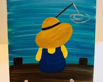Child Fishing hand painted ceramic tile/ Ornament/ Wall Art/ Home Decor