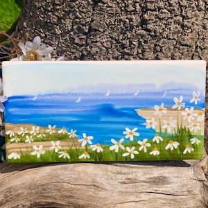 White Sails and Daisies hand painted ceramic tile/ Ornament/ Magnet