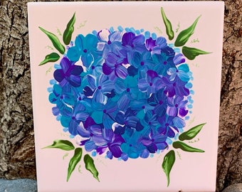 Periwinkle Hydrangea hand painted ceramic tile/ Ornament/ Wall Art/ Home Decor