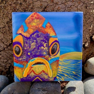 Tropical Fish hand painted ceramic tile/ Ornament/ Wall Art/ Home Decor