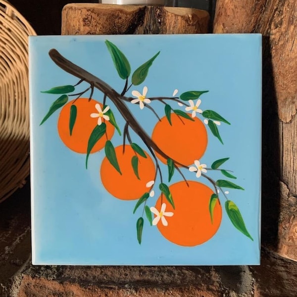 Orange Blossom Branch hand painted ceramic tile/ Ornament/ Magnet