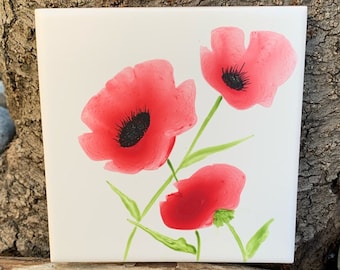 Red Poppies hand painted ceramic tile/ Ornament/ Wall Art/ Home Decor