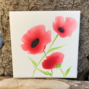 Rote Mohnblumen handbemalte Keramikfliese / Ornament / Wandkunst / Home Decor