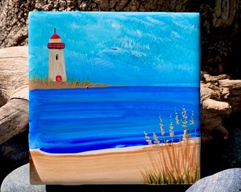Bay Lighthouse hand painted ceramic tile/ Ornament/ Wall Art/ Home Decor