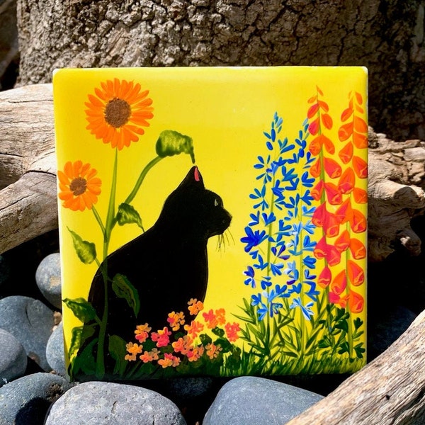 Kitten in Wild Flowers hand painted ceramic tile/ Ornament/ Wall Art/ Home Decor