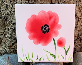 Two Red Poppies hand painted ceramic tile/ Ornament/ Wall Art/ Home Decor