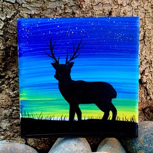 Deer at Twilight hand painted ceramic tile/ Ornament/ Wall Art/ Home Decor