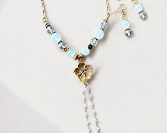 Bohemian Jewelry Collection/ Light Blue and Bronze Floral Necklace and Earring Set