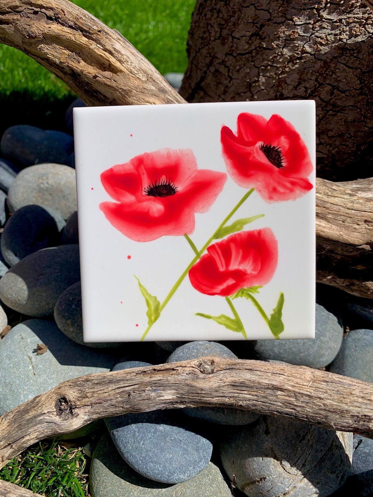 Red Poppies Hand Painted Ceramic Tile Ornament Wall Art Home Decor 