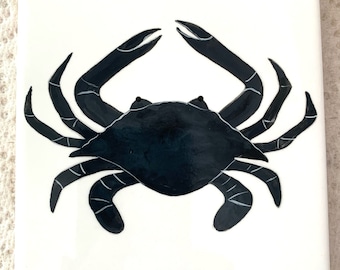 Black and White Crab hand painted ceramic tile/ Ornament/ Wall Art/ Home Decor