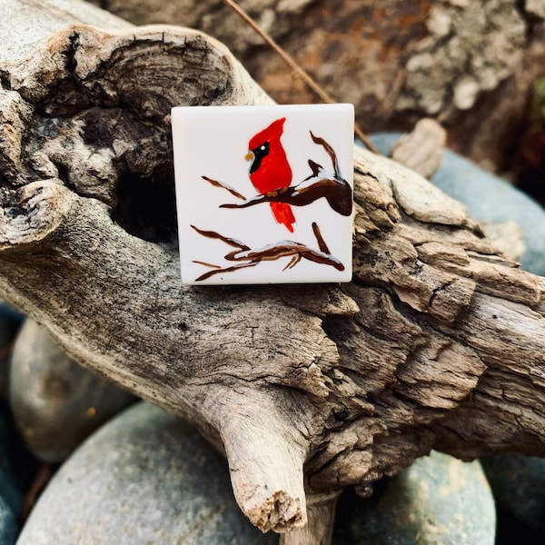 Mini Cardinal hand painted ceramic tile/ Ornament/ Magnet