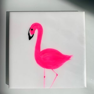 Pink Flamingo hand painted ceramic tile/ Ornament/ Wall Art/ Home Decor