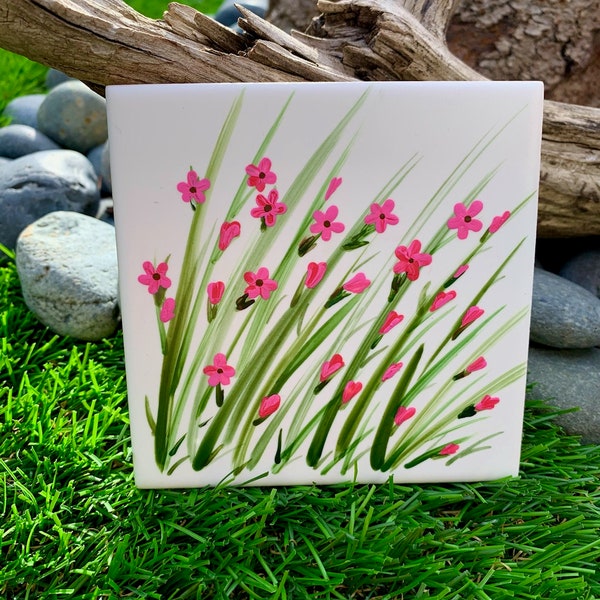 Pink Wild Flowers hand painted ceramic tile/ Ornament/ Wall Art/ Home Decor