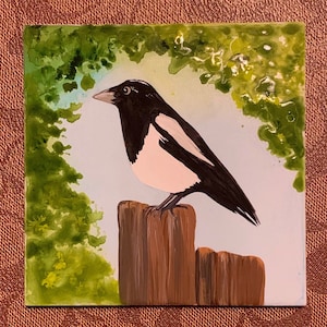 Magpie hand painted ceramic tile/ Ornament/ Wall Art/ Home Decor