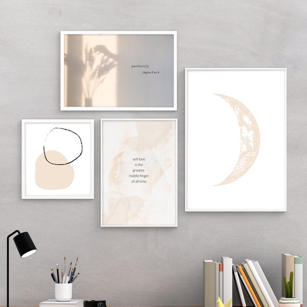 Boho Poster Set - beige - natural tones - set of 4 - poster set - lineart - moon - watercolor - quota