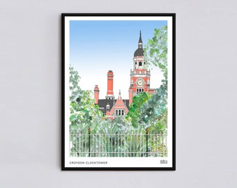 Croydon Clocktower, Croydon Town Hall print, Croydon print, Croydon illustration, Croydon Print, Croydon poster, Croydon Christmas Gift