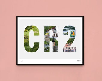 CR2 Postcode Print, South Croydon, Sanderstead, Purley, Croydon artwork, Croydon Print, Croydon illustration, Croydon design, Croydon poster