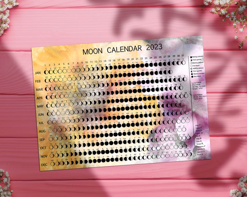 Moon Calendar Printable Lunar Chart Phases Year 2023 Etsy