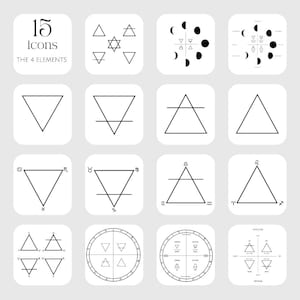 May include: A set of 15 minimalist icons, featuring triangles, circles, and astrological symbols, set against a light grey backdrop. The text "15 icons THE 4 ELEMENTS" is at the top left. The icons are in black and white.
