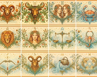 Vintage Zodiac Engravings Bundle – 12 Astrology Signs Clipart (PDF, PNG)