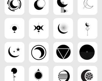 Minimalist Moon Glyphs – Celestial Clipart, Spiritual Tattoo Designs (PNGs)