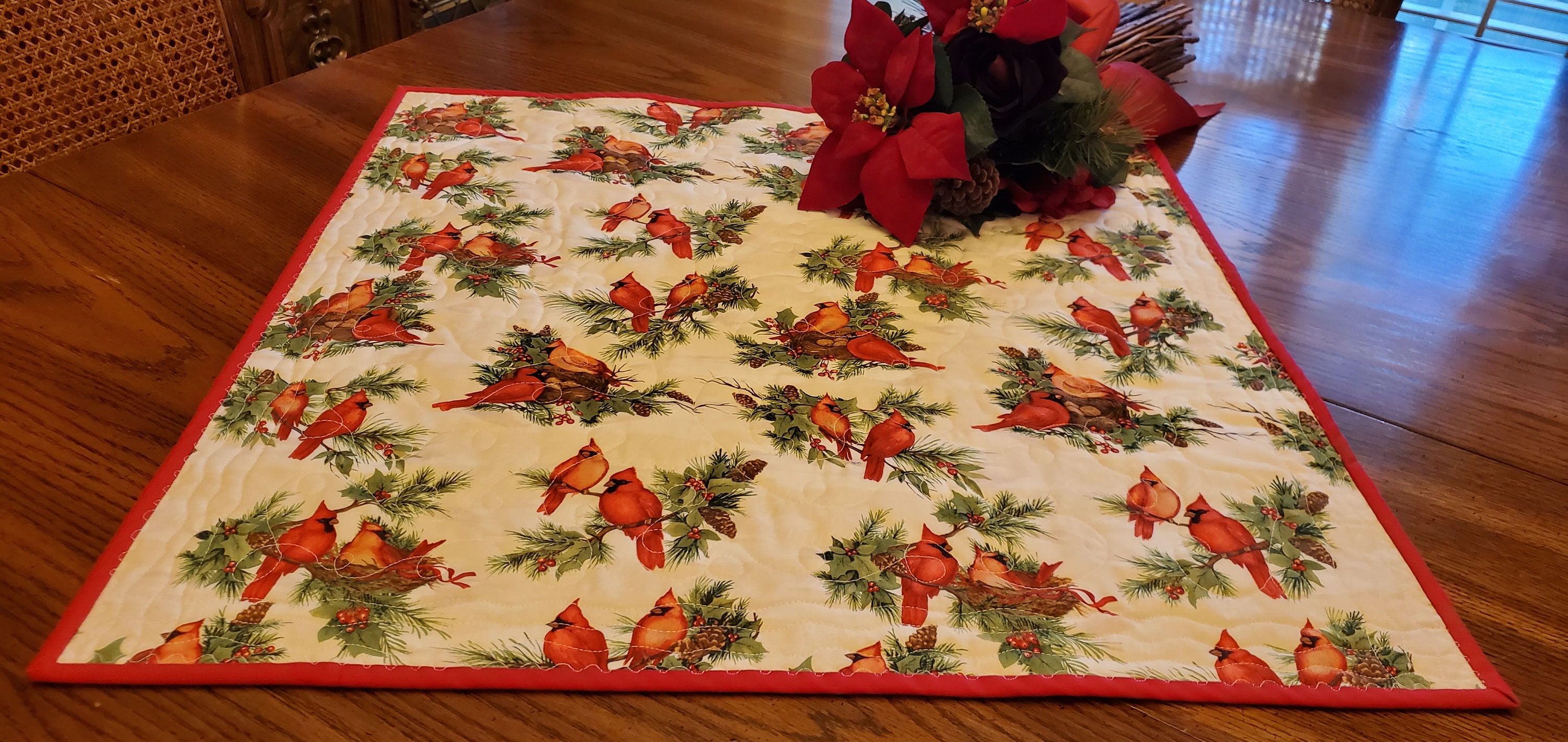 Vintage Inspired Kitchen Table Topper Reversible Redbird Cardinal