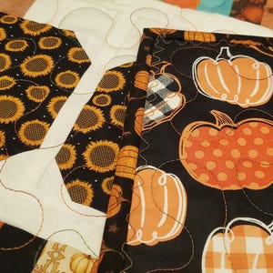 May include: Close-up of a quilt with various fabric patterns. One section features sunflowers on a black background. Another shows orange pumpkins with white outlines on a black background. The quilt has white and orange accents.