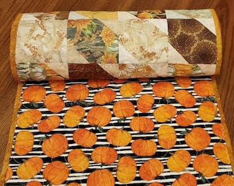 Pumpkin Quilted Table Runner: Reversible Fall Table Topper with Metallic Accents