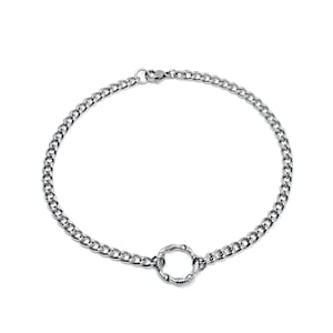 Op de afbeelding: Een zilveren ketting met een gedraaide cirkel hanger.