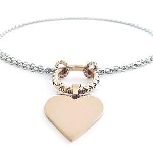 Rose Gold Heart Collar Necklace, Heart Pendant Chain Necklace, Two Tone Stainless Steel