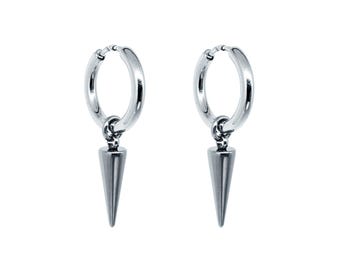 May include: A pair of silver hoop earrings with a pointed silver spike hanging from each hoop.