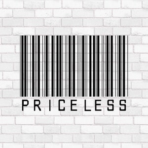 Puede incluir: Un código de barras en blanco y negro con la palabra "PRICELESS" impresa debajo. El código de barras está sobre un fondo de pared de ladrillo blanco.