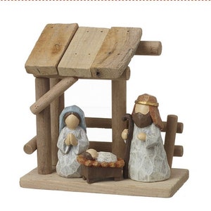 Wooden Christmas nativity scene set Mary and Joseph baby Jesus Bethlehem