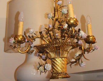 French antique flower basket chandelier lighting Flower ceiling light Versailles chandelier Porcelain chandelier Ormolu Gold light Bronze