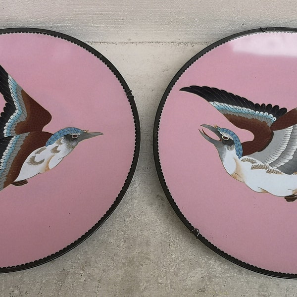 Antique Japanese pink cloisonne wall plates Birds decor PAIR Pink dish Pink bowl PInk centerpiece Pink vase Bird wall art Romantic decor