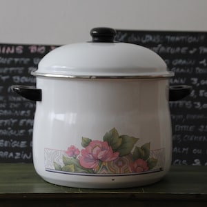 Könnte beinhalten: Weißer Emaille-Kochtopf mit schwarzem Deckel und Griffen. Der Topf hat ein Blumendesign mit rosa Blüten und grünen Blättern. Ein silberner Rand akzentuiert die Ober- und Unterseite. Der Topf steht auf einer grünen Oberfläche.